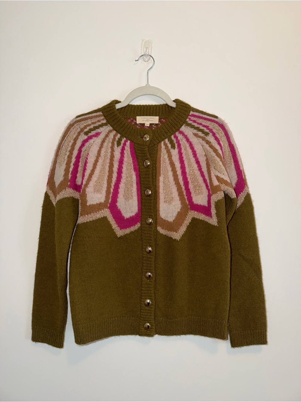Sézane Hamel Khaki Knit Cardigan alpaca jacquard knit cardigan 0 green pink - Picture 6 of 10